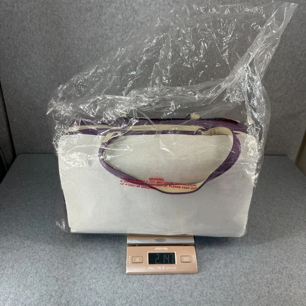 Levenger Leather Duffel Travel Weekend Touring Bag Grape Purple Cream Strap NEW